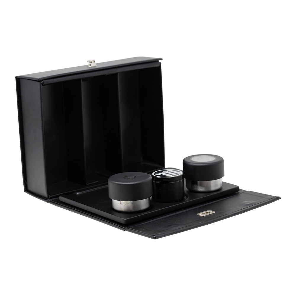 MYSTER STASHTRAY BUNDLE - BLACK - INCLUDES BLACK ROLLING TRAY, STRAIN CONTAINER, 4 PC GRINDER, ASHTRAY AND STASHBOX